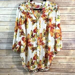 Figueroa & Flower Cream Floral & Buttlerfly Sheer Flowy Summer Blouse Top XL